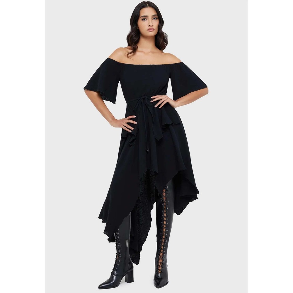 Killstar Wicked Dahlia Asymmetrical Dress Black Off Shoulder Goth Handkerchief M